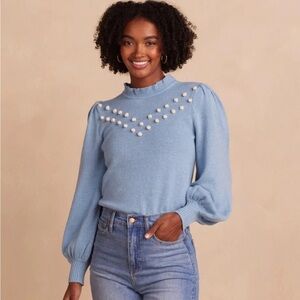 SUMMERSALT Year Round Balloon Sleeve Pom Pom Sweater Top Blue Medium NWT $125